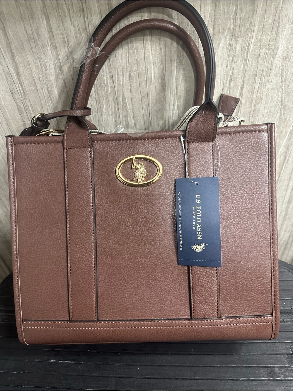 U.S. Polo Assn. Brown Pebbled Leather Satchel with Gold Logo
